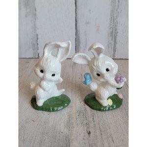 Ceramic Easter Bunny mini rabbit couple bird flower set